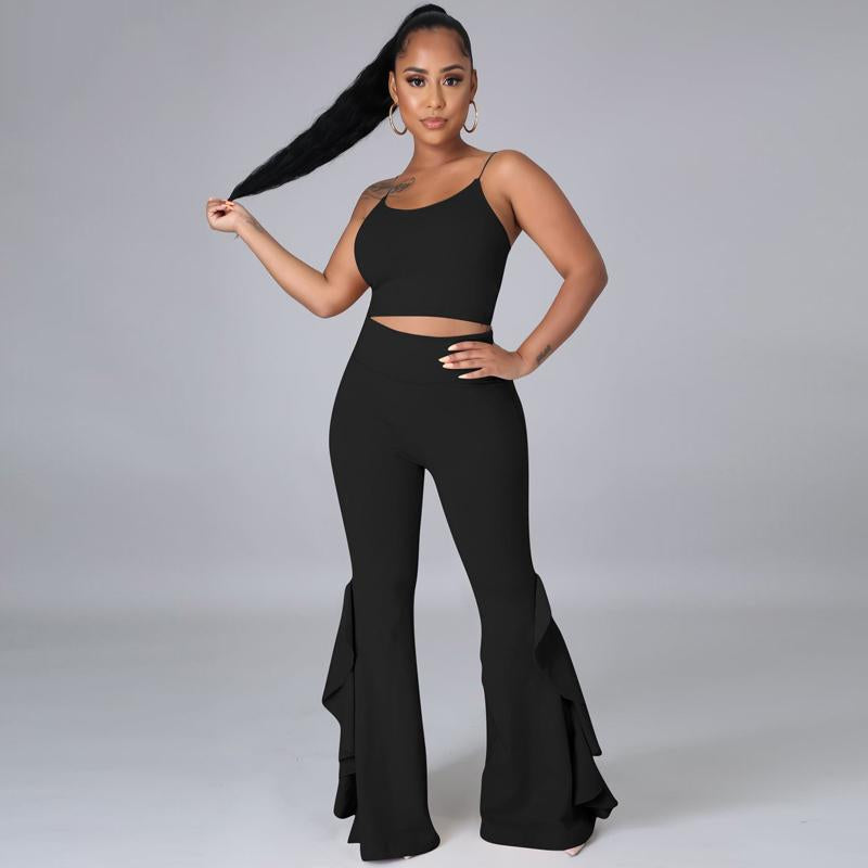 Solid Women Two Piece Outfits Straps Tank Crop Top and Ruffle Flare