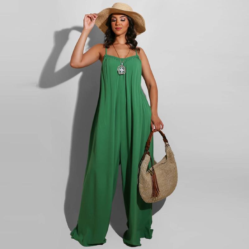 Summer Women Wide Leg Jumpsuit Solid Vintage Spaghetti Straps