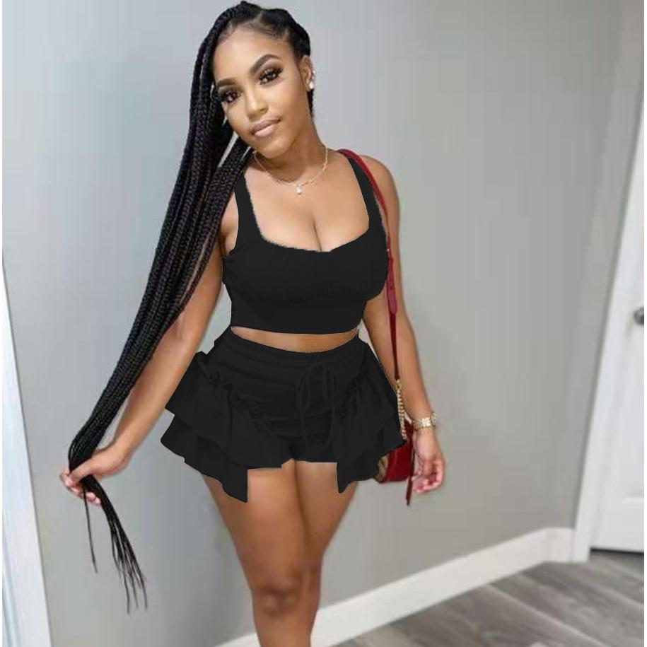 Sexy Ladies Beach Outfit Crop Tank Tops Ruffles Drawstring Shorts