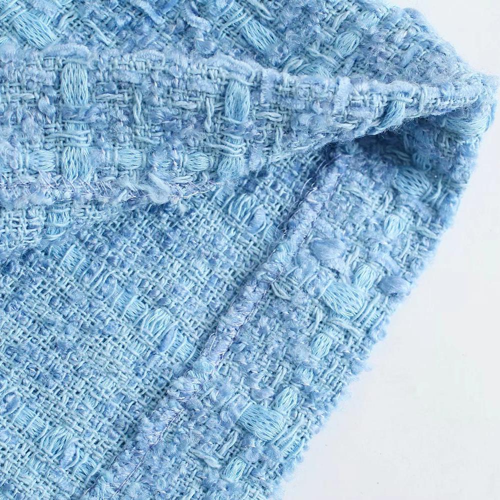 Tweed Knitted Blue Rompers Overalls Spring Autumn Ladies V Neck