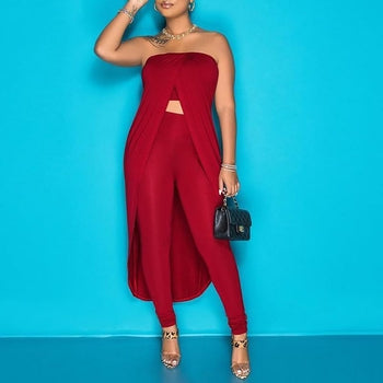 Sexy Irregular Strapless Maxi Tops And High Waist Pants Matching Sets