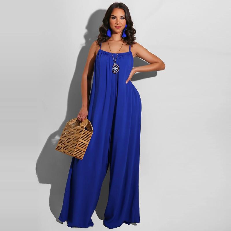 Summer Women Wide Leg Jumpsuit Solid Vintage Spaghetti Straps