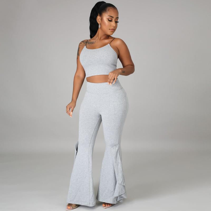 Solid Women Two Piece Outfits Straps Tank Crop Top and Ruffle Flare