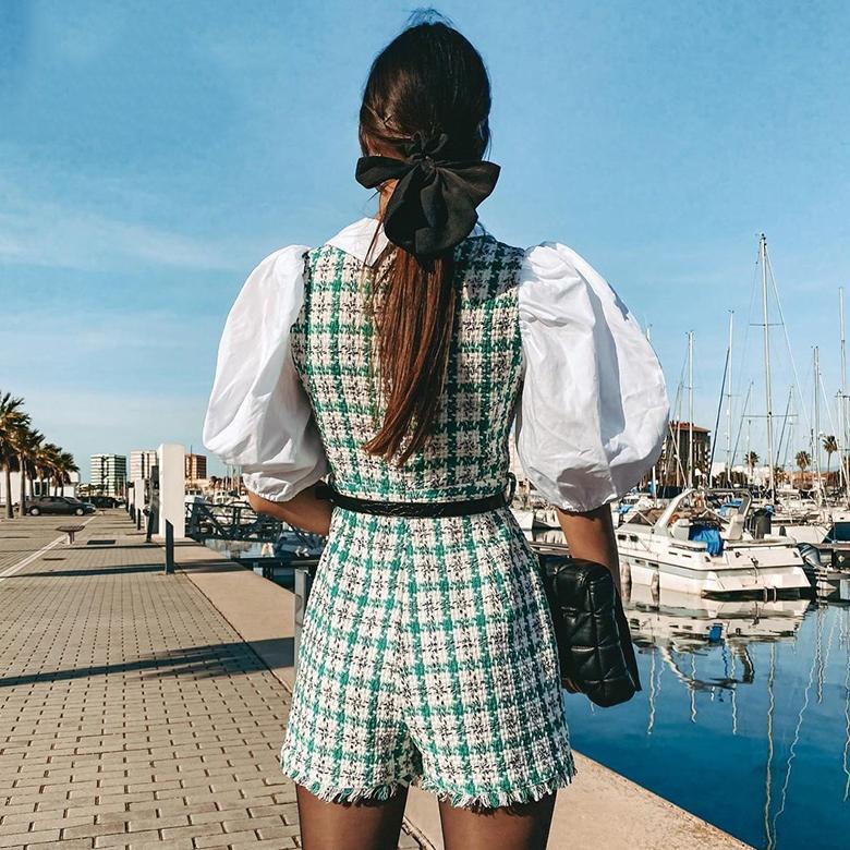 Tweed Knitted Plaid Romper Overalls for Women Vinatge Puff Sleeve