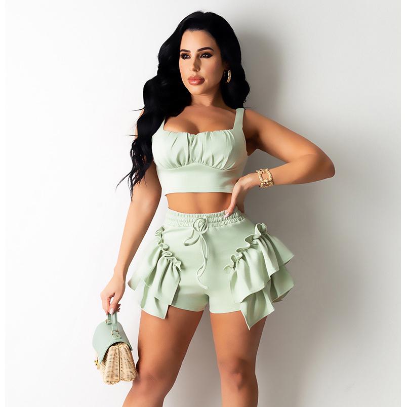 Sexy Ladies Beach Outfit Crop Tank Tops Ruffles Drawstring Shorts