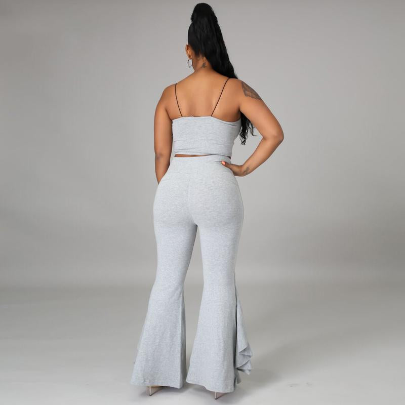 Solid Women Two Piece Outfits Straps Tank Crop Top and Ruffle Flare