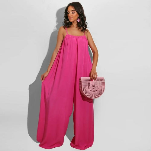 Summer Women Wide Leg Jumpsuit Solid Vintage Spaghetti Straps