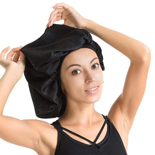 High Quality Super Giant Waterproof Shower Female Hair Care Cap Large Satin Silk Bonnet Sleep Cap Luxurious Fabric Premium Black