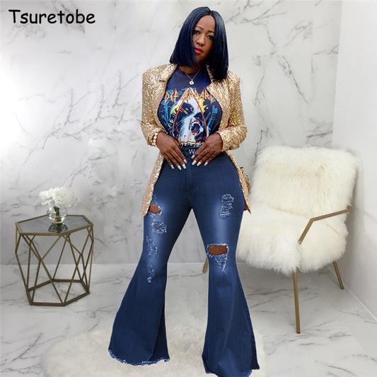 Tsuretobe Autumn Plus Size Flare Pants Women Ripped Jeans Fashion High Waist Wide Leg Pants Casual Bell-Bottoms Jeans Trousers