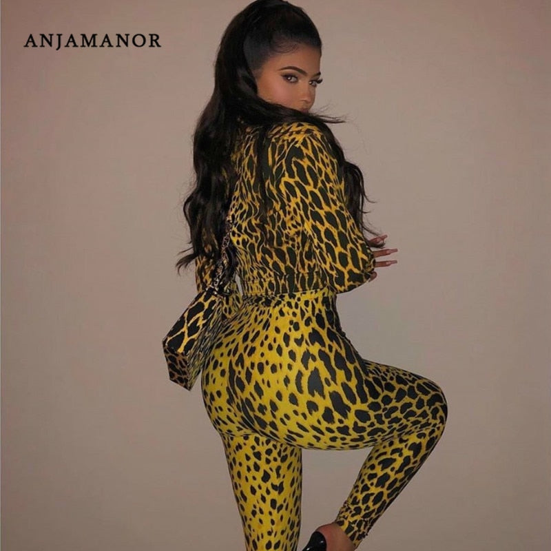 ANJAMANOR Yellow Snake Skin Print Women Two Piece Pant Set Sexy Club Outfits Kyliejenner Jacket Bodycon Jumpsuit D91-AG77