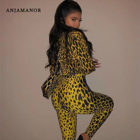 ANJAMANOR Yellow Snake Skin Print Women Two Piece Pant Set Sexy Club Outfits Kyliejenner Jacket Bodycon Jumpsuit D91-AG77