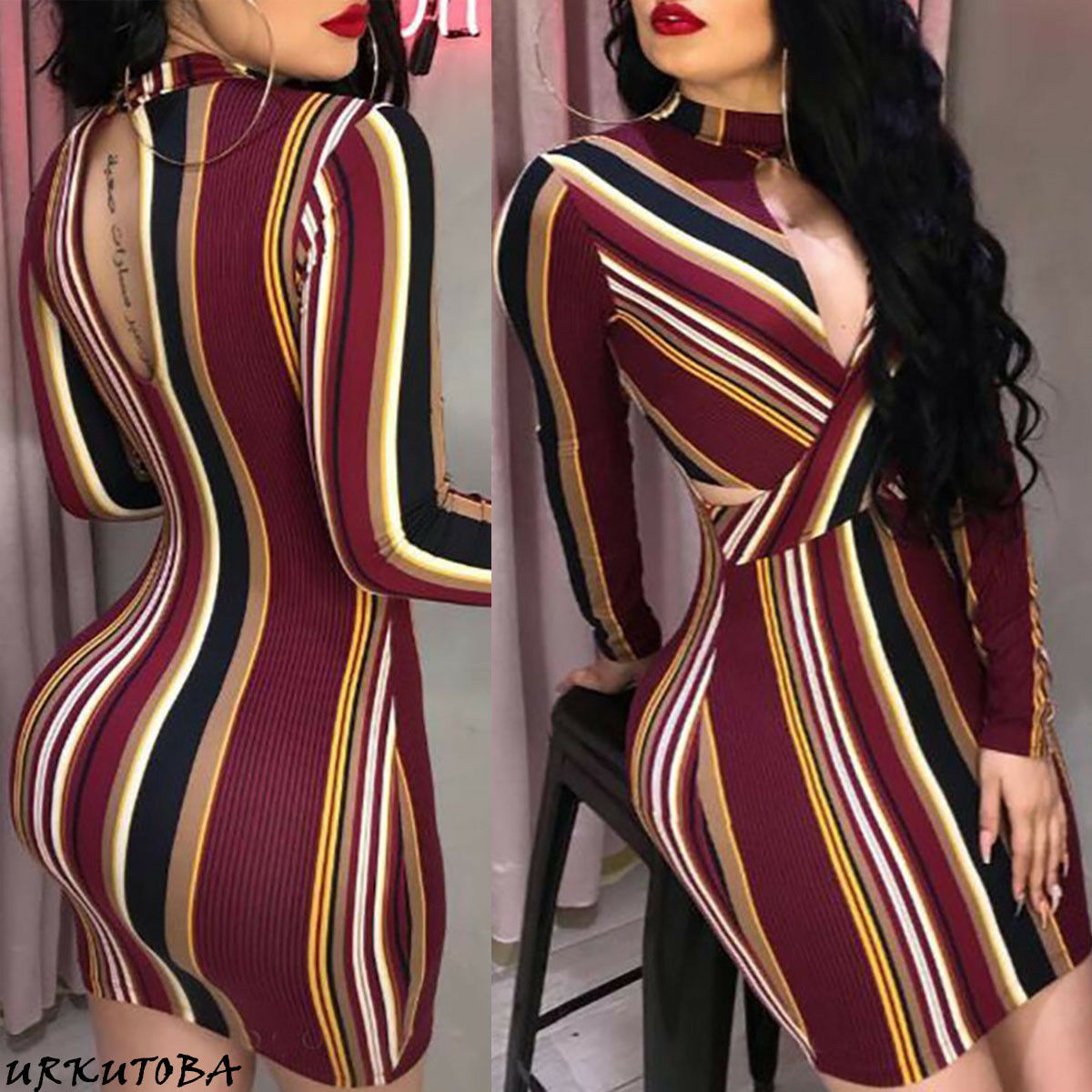 Sexy Bodycon Party Dress Women Slim Fit Breast Open Halter Pencil Mini Dresses Striped Evening Club Wear Dresses