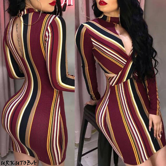 Sexy Bodycon Party Dress Women Slim Fit Breast Open Halter Pencil Mini Dresses Striped Evening Club Wear Dresses