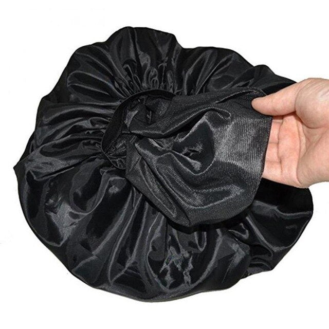 High Quality Super Giant Waterproof Shower Female Hair Care Cap Large Satin Silk Bonnet Sleep Cap Luxurious Fabric Premium Black