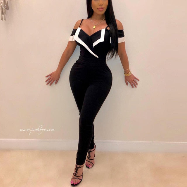 Women Spaghetti Strap Off Shoulder Jumpsuit Elegant Color Block Bodycon Long Overalls Jumpsuit Summer Fall Streetwear Clubwear