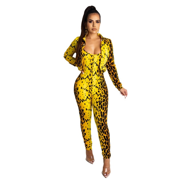 ANJAMANOR Yellow Snake Skin Print Women Two Piece Pant Set Sexy Club Outfits Kyliejenner Jacket Bodycon Jumpsuit D91-AG77