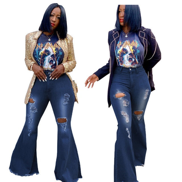 Tsuretobe Autumn Plus Size Flare Pants Women Ripped Jeans Fashion High Waist Wide Leg Pants Casual Bell-Bottoms Jeans Trousers