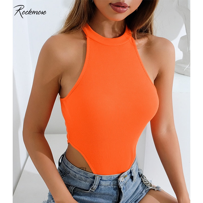 Rockmore Neon Green Yellow Orange Pink Bodycon Bodysuits Women Sleeveless Overalls Casual Ladies Slim Rompers Jumpsuits Female
