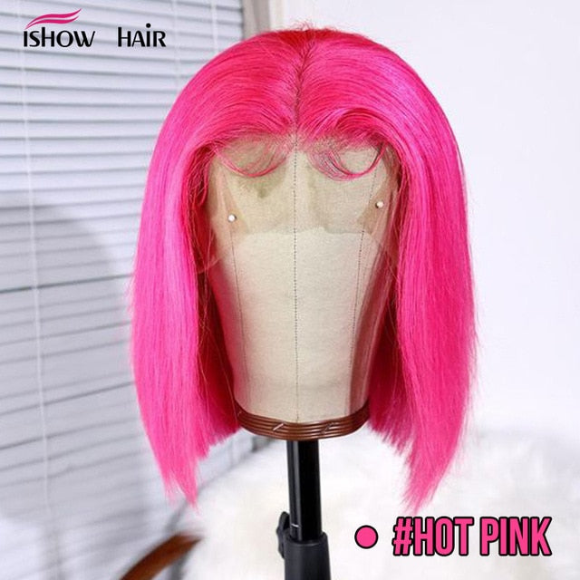 Pink Bob Lace Front Wigs Brazilian Straight 13x4 Lace Front Human Hair Wigs Pre-Plucked Blonde Blue Green Ombre Short Bob Wigs