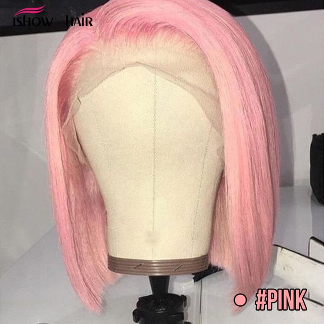 Pink Bob Lace Front Wigs Brazilian Straight 13x4 Lace Front Human Hair Wigs Pre-Plucked Blonde Blue Green Ombre Short Bob Wigs