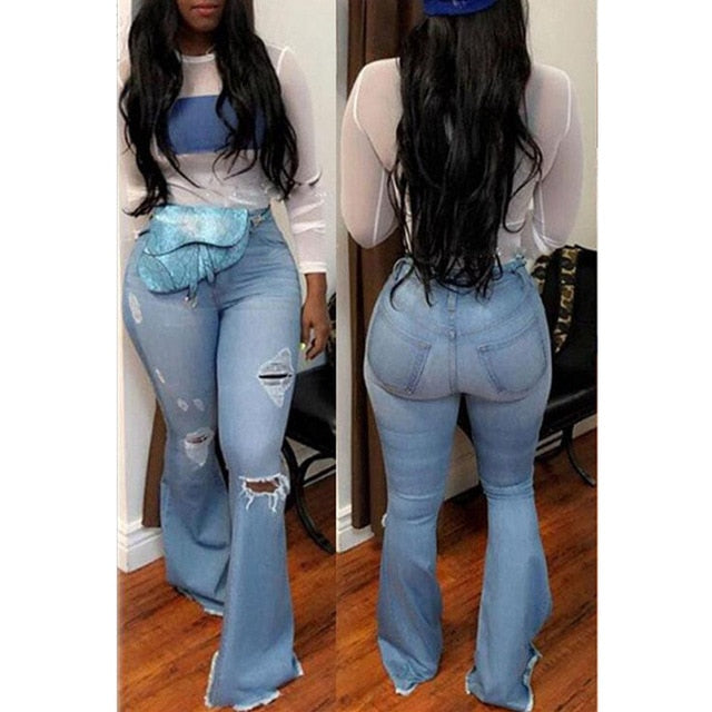 Women Denim High Waist Flare Jeans Boyfriend ripped calca jeans Lady Skinny bell bottom jeans Pants Wide Leg Mom Jeans plus size