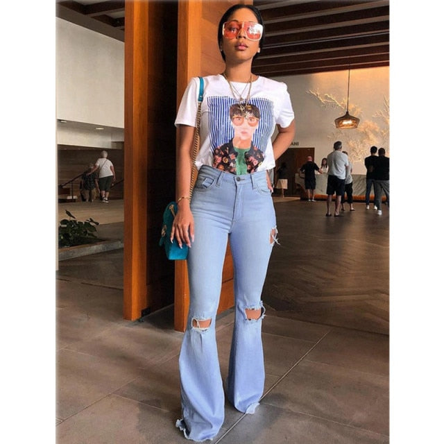 Women Denim High Waist Flare Jeans Boyfriend ripped calca jeans Lady Skinny bell bottom jeans Pants Wide Leg Mom Jeans plus size
