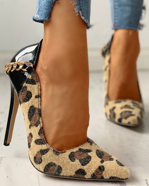 SHY Fashion Leopard Pointed Toe Metal Chain Thin Heels Snakeskin Sexy Party Women Shoes Rome Design Thin Heel Female Dress Shoes