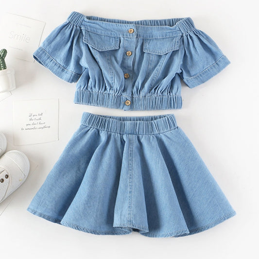 Summer Girls' Clothing Sets Korean Denim Short-sleeved T-shirt+High Waist Skirt 2PCS Baby Kids Clothes Suit Children Clothing
