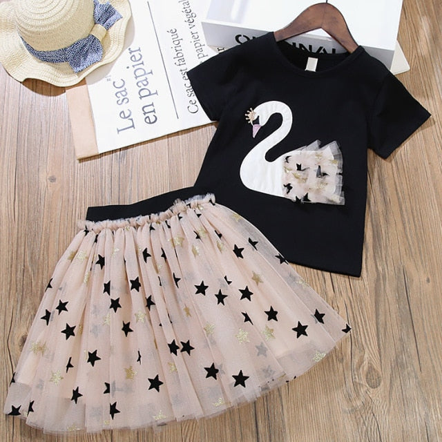 Summer Girls' Clothing Sets Korean Denim Short-sleeved T-shirt+High Waist Skirt 2PCS Baby Kids Clothes Suit Children Clothing