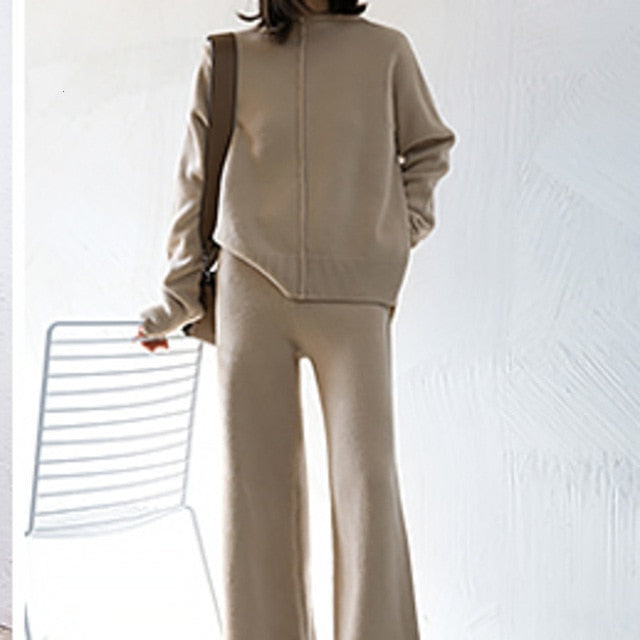 Genayooa Two Piece Set Pullover Sweater Tracksuit Women High Waist Knit Wide Leg Pants Women Suit 2 Piece Set Women Winter 2020