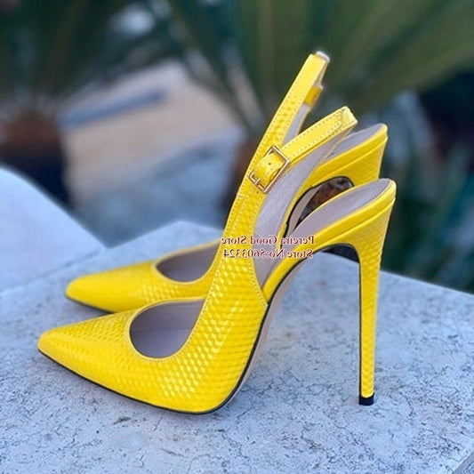 Sexy Snakeskin Leather Slingback Pumps Pointy Toe Shallow Stiletto Heels Dress Shoes Yellow Red Blue Pink Cut-out Heels Shoes
