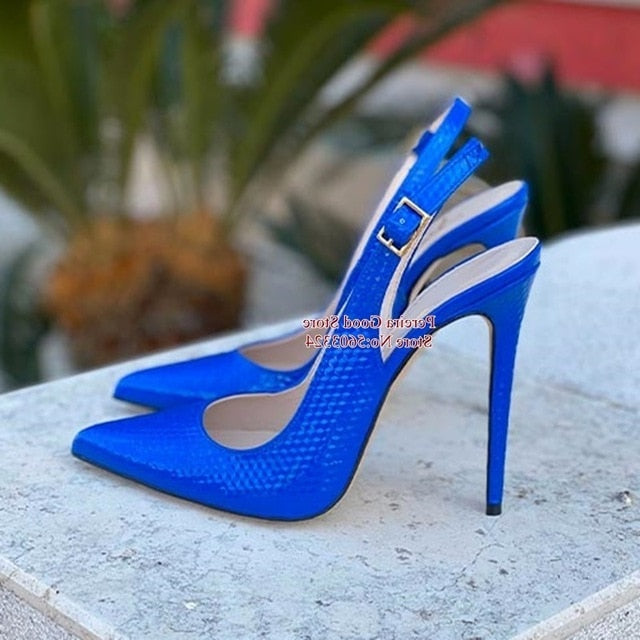 Sexy Snakeskin Leather Slingback Pumps Pointy Toe Shallow Stiletto Heels Dress Shoes Yellow Red Blue Pink Cut-out Heels Shoes