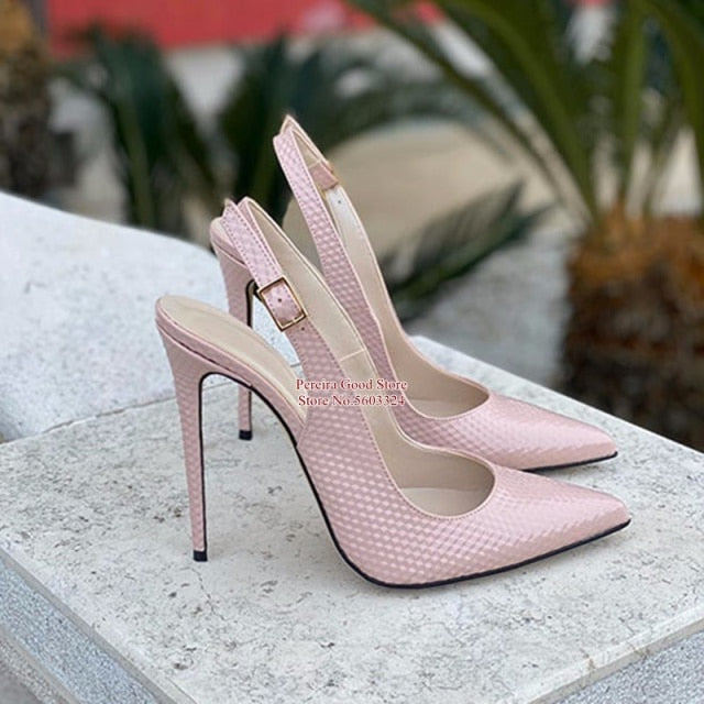 Sexy Snakeskin Leather Slingback Pumps Pointy Toe Shallow Stiletto Heels Dress Shoes Yellow Red Blue Pink Cut-out Heels Shoes