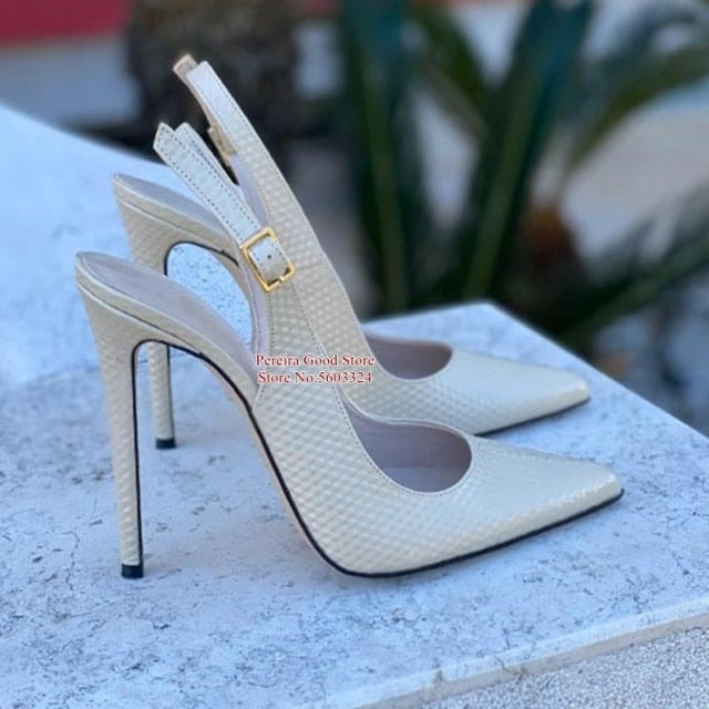 Sexy Snakeskin Leather Slingback Pumps Pointy Toe Shallow Stiletto Heels Dress Shoes Yellow Red Blue Pink Cut-out Heels Shoes