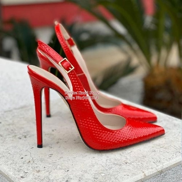 Sexy Snakeskin Leather Slingback Pumps Pointy Toe Shallow Stiletto Heels Dress Shoes Yellow Red Blue Pink Cut-out Heels Shoes