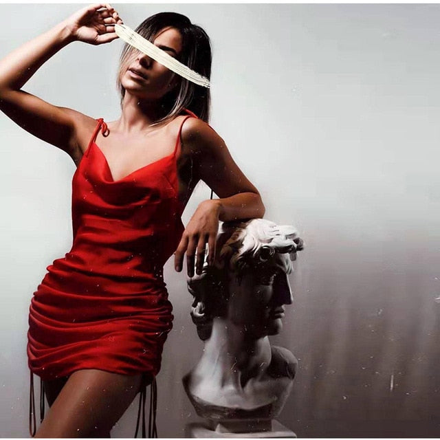 Colysmo Sexy Summer Dress 2020 Women Spaghetti Straps Bodycon Dress Slim Stretch Multi Wear Ruched Club Satin Dress Vestidos New