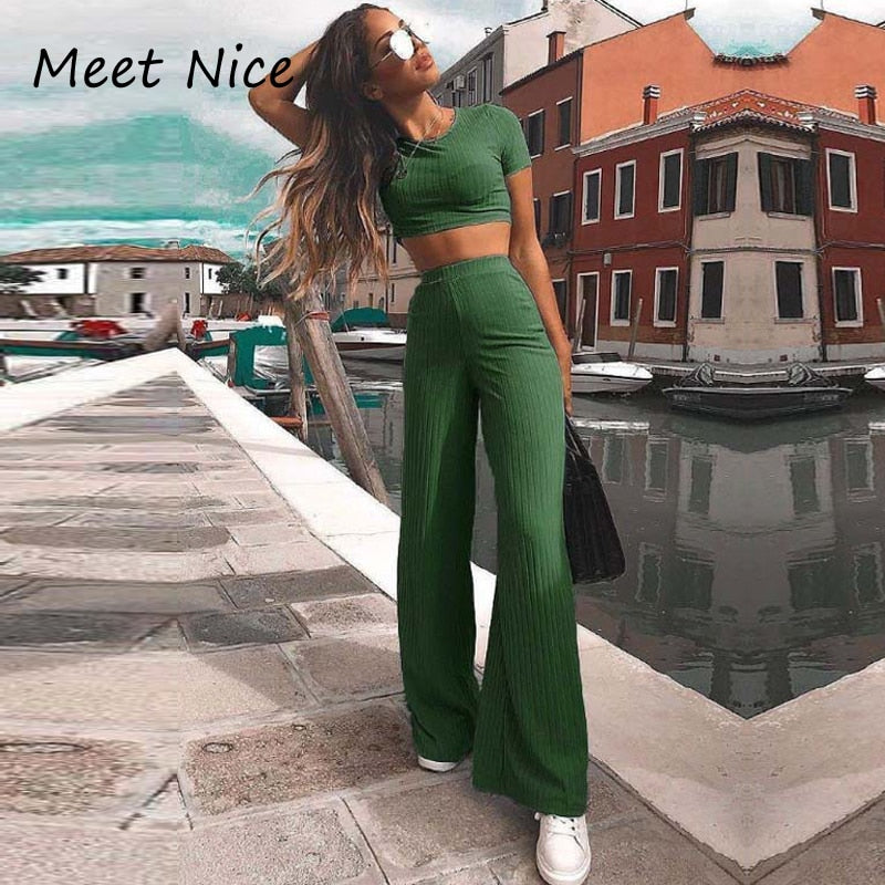 2 Two Piece Set Women Ribbed O Neck Crop Top and Long Pants Set Sexy Autumn Short Sleeve Tracksuit Women Conjunto Feminino 2021
