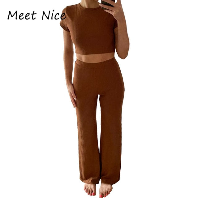 2 Two Piece Set Women Ribbed O Neck Crop Top and Long Pants Set Sexy Autumn Short Sleeve Tracksuit Women Conjunto Feminino 2021
