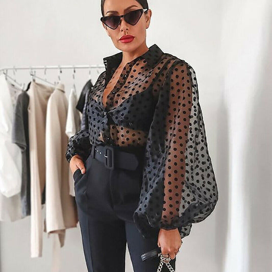 Women Polka Dot Retro Blouse Lady Early Autumn Modern Mesh Shirt Vogue See-through Loose Button Puff Sleeve Blouse High Street
