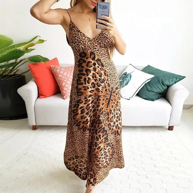 Summer New Fashion Women Sexy Deep V Leopard Butterfly Wrap Sling Sleeveless Nightclub Maxi Long Dress Free Ship платье Z4