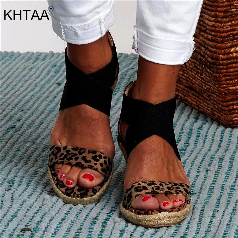 Women Summer Wedges Sandals Leopard Cross Tie Snakeskin Ladies Open Toe Zipper Female Beach Shoes Soft Hemp Bottom Plus Size New