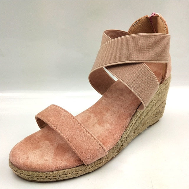 Women Summer Wedges Sandals Leopard Cross Tie Snakeskin Ladies Open Toe Zipper Female Beach Shoes Soft Hemp Bottom Plus Size New