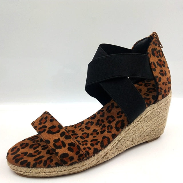 Women Summer Wedges Sandals Leopard Cross Tie Snakeskin Ladies Open Toe Zipper Female Beach Shoes Soft Hemp Bottom Plus Size New