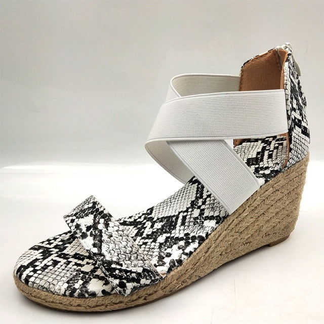 Women Summer Wedges Sandals Leopard Cross Tie Snakeskin Ladies Open Toe Zipper Female Beach Shoes Soft Hemp Bottom Plus Size New