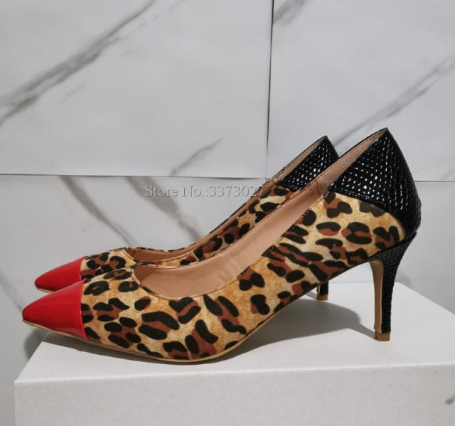Sexy Leopard Mixed Color Stiletto Heel Pumps Shoes Women Fashion Pointed Toe Snakeskin Leather Single Shoes Lady High Heels