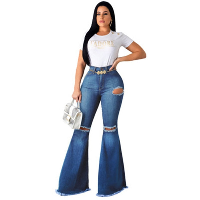 Women Denim High Waist Flare Jeans Boyfriend ripped calca jeans Lady Skinny bell bottom jeans Pants Wide Leg Mom Jeans plus size