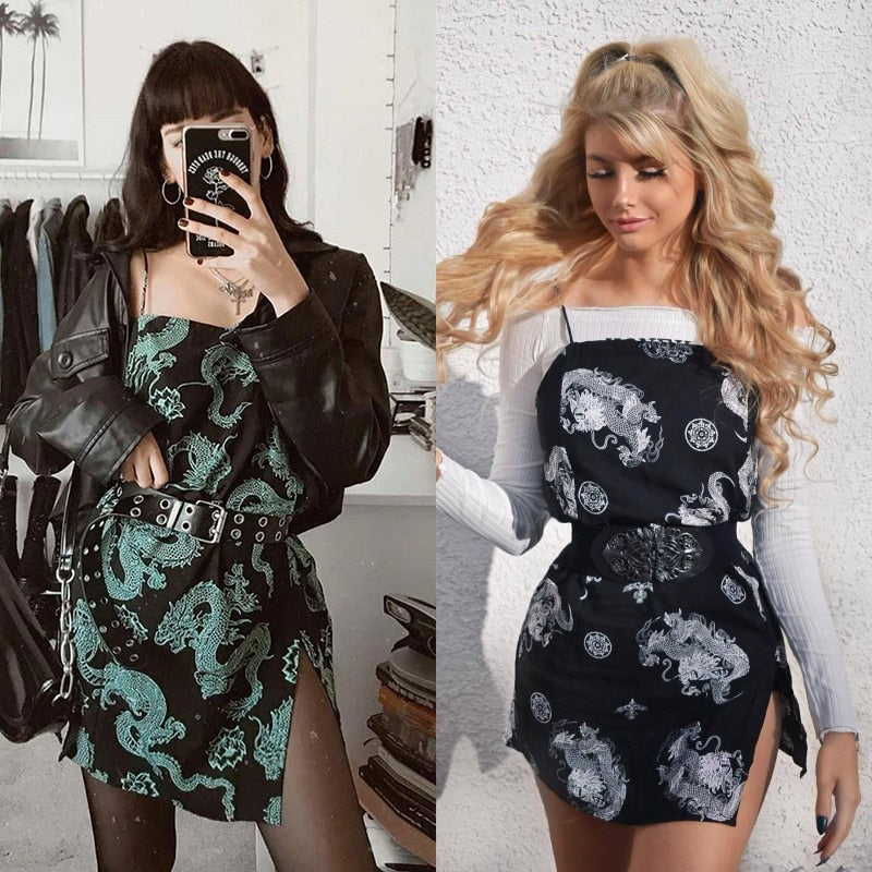 Vintage Dragon Printed Mini Dress Summer 2020 Women Street Strap Dresse Club Slim Party Tigh Short Dress Harajuku Robes vestidos