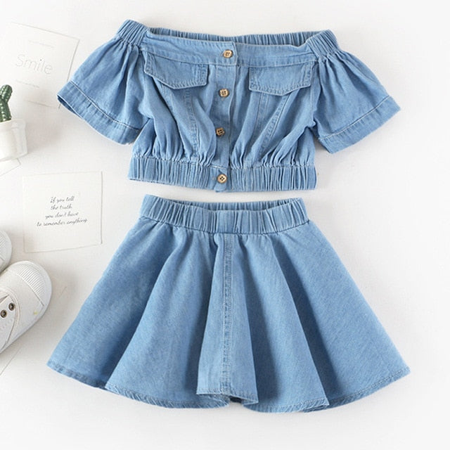 Summer Girls' Clothing Sets Korean Denim Short-sleeved T-shirt+High Waist Skirt 2PCS Baby Kids Clothes Suit Children Clothing