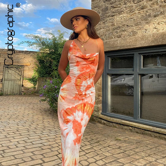 Cryptographic Tie Dye Print Fashion Sexy Backless Lace Up Midi Dresses Sleeveless Club Party Holiday Spaghetti Strap Sundress