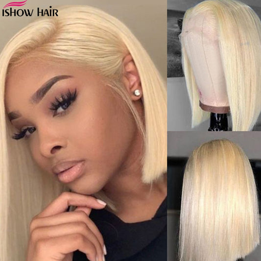 Ishow Blonde Bob Lace Front Wig 13X4x1 Middle Part Lace Front Human Hair Wigs Remy 150% Density Malaysian Straight 613 Bob Wig